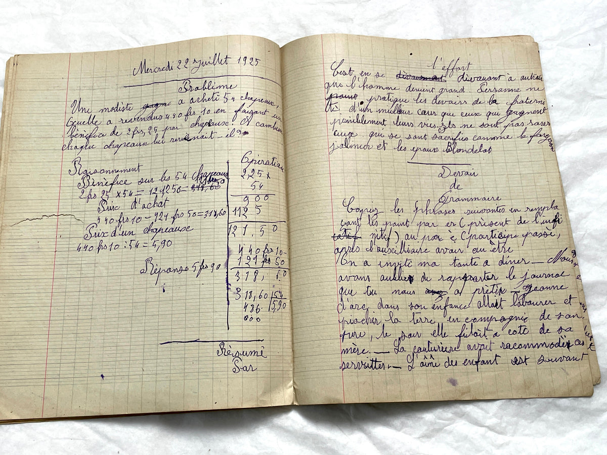 1920s - French School Notebook - Young Girl's Handwritten Composition Book, Grammar & Math Exercises - Vintage French Ephemera