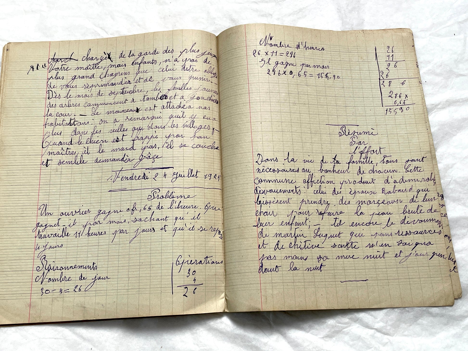 1920s - French School Notebook - Young Girl's Handwritten Composition Book, Grammar & Math Exercises - Vintage French Ephemera
