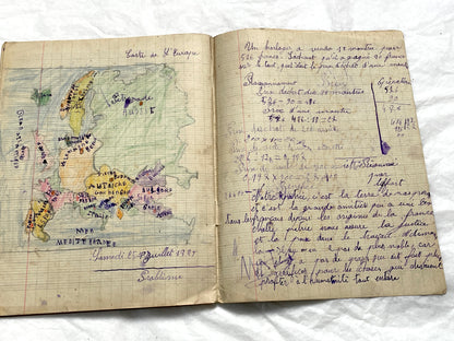 1920s - French School Notebook - Young Girl's Handwritten Composition Book, Grammar & Math Exercises - Vintage French Ephemera