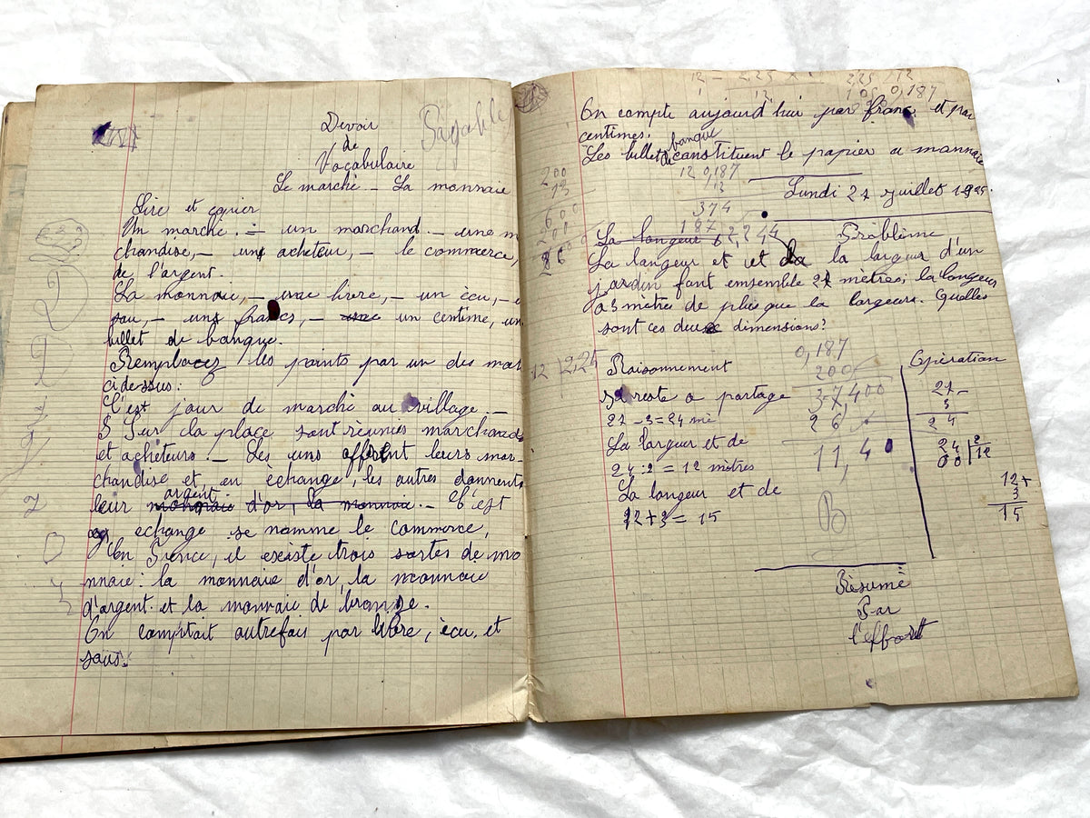 1920s - French School Notebook - Young Girl's Handwritten Composition Book, Grammar & Math Exercises - Vintage French Ephemera