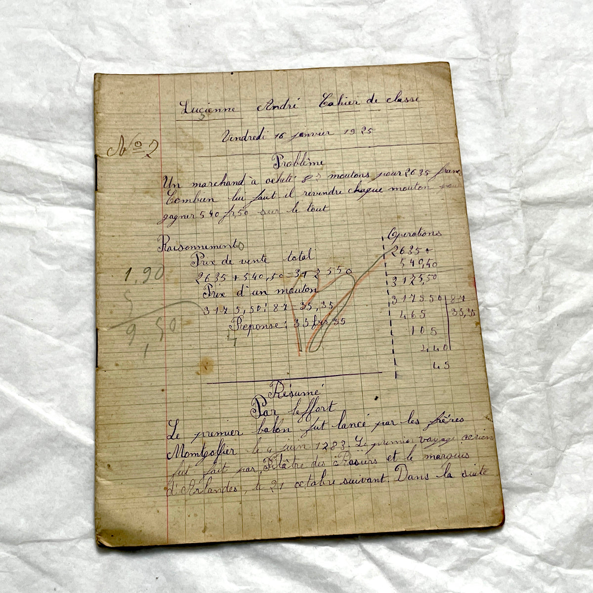 1920s - Authentic French School Girl's School Notebook - Vintage French Ephemera - Handwritten Homework - 1925 Dated Pages