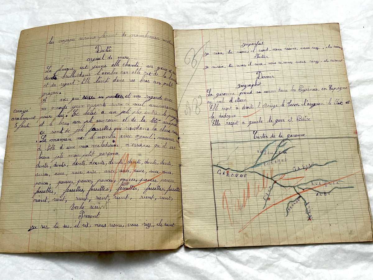 1920s - Authentic French School Girl's School Notebook - Vintage French Ephemera - Handwritten Homework - 1925 Dated Pages