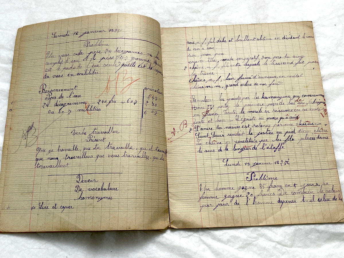 1920s - Authentic French School Girl's School Notebook - Vintage French Ephemera - Handwritten Homework - 1925 Dated Pages