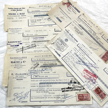 1950s - Lot of 6 Vintage French Bills of Exchange – Handwritten Commercial Documents with Stamps