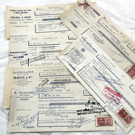 1950s - Lot of 6 Vintage French Bills of Exchange – Handwritten Commercial Documents with Stamps