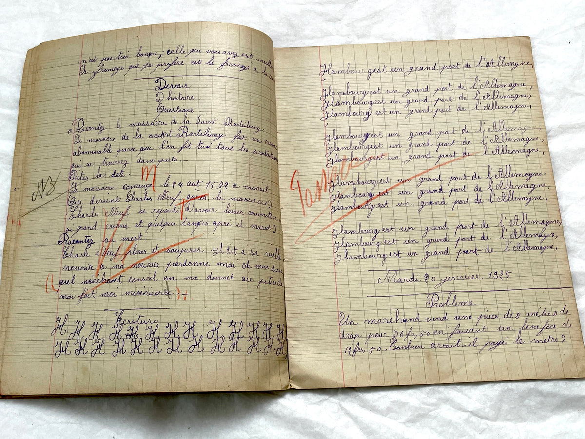 1920s - Authentic French School Girl's School Notebook - Vintage French Ephemera - Handwritten Homework - 1925 Dated Pages