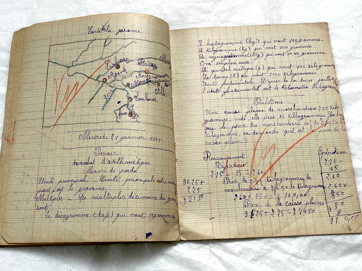1920s - Authentic French School Girl's School Notebook - Vintage French Ephemera - Handwritten Homework - 1925 Dated Pages