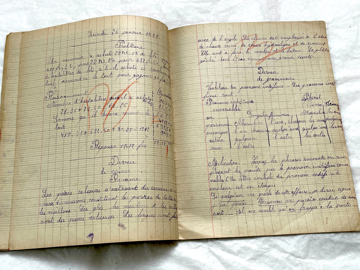 1920s - Authentic French School Girl's School Notebook - Vintage French Ephemera - Handwritten Homework - 1925 Dated Pages