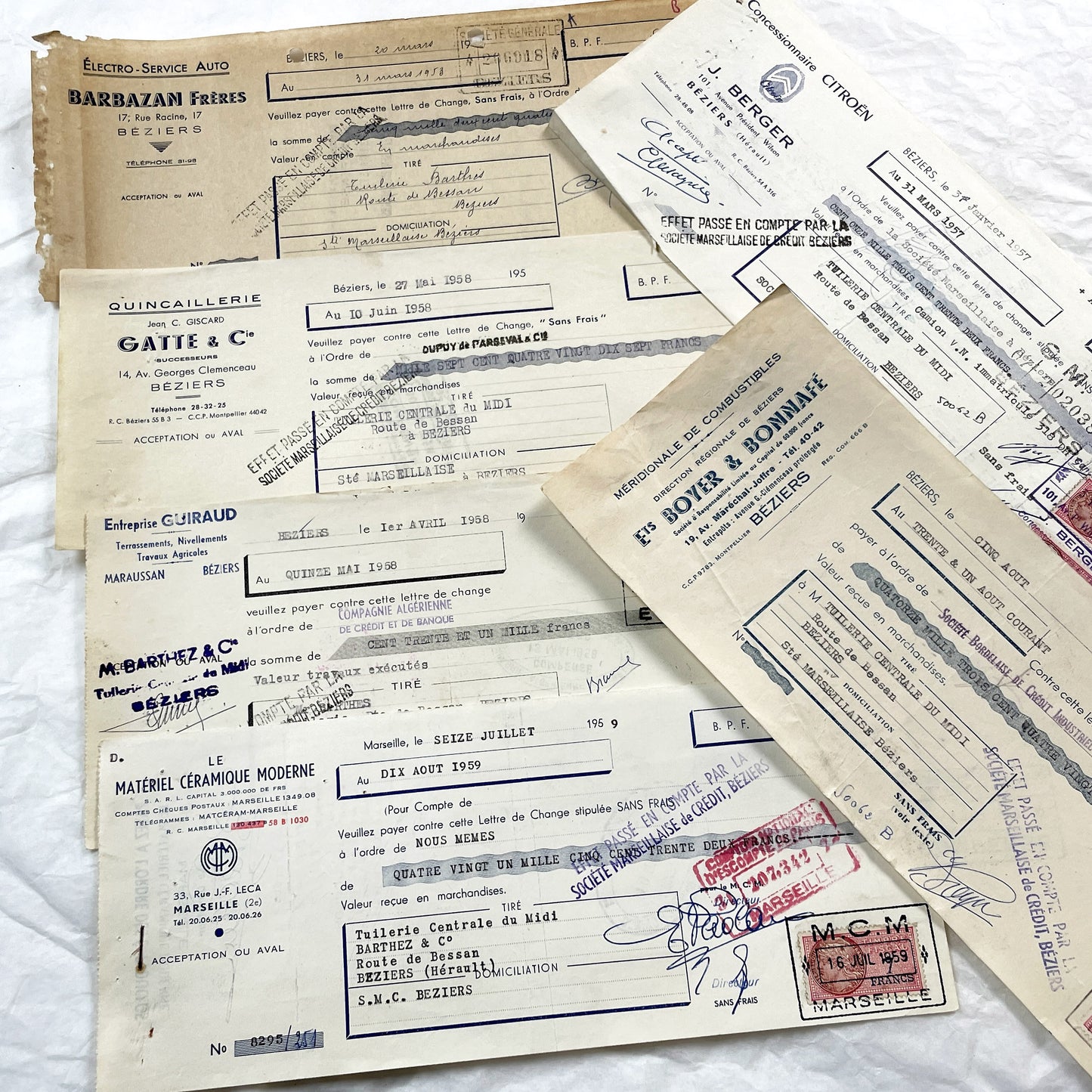 1950s - Lot of 6 Vintage French Bills of Exchange – Handwritten Commercial Documents with Stamps