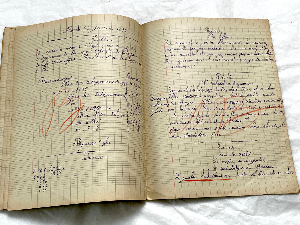 1920s - Authentic French School Girl's School Notebook - Vintage French Ephemera - Handwritten Homework - 1925 Dated Pages