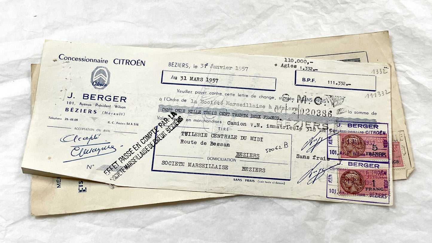 1950s - Lot of 6 Vintage French Bills of Exchange – Handwritten Commercial Documents with Stamps