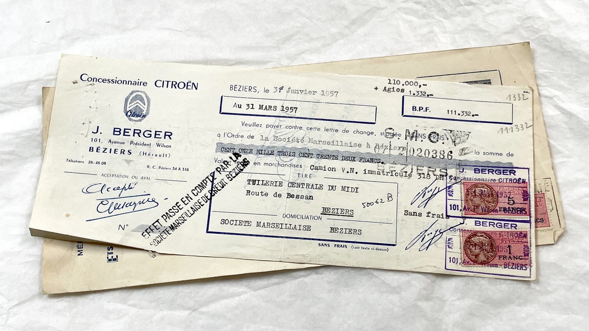 1950s - Lot of 6 Vintage French Bills of Exchange – Handwritten Commercial Documents with Stamps