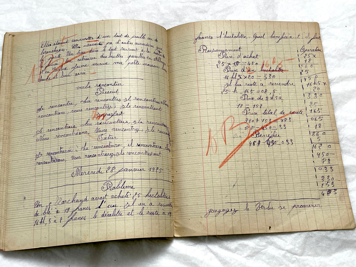 1920s - Authentic French School Girl's School Notebook - Vintage French Ephemera - Handwritten Homework - 1925 Dated Pages