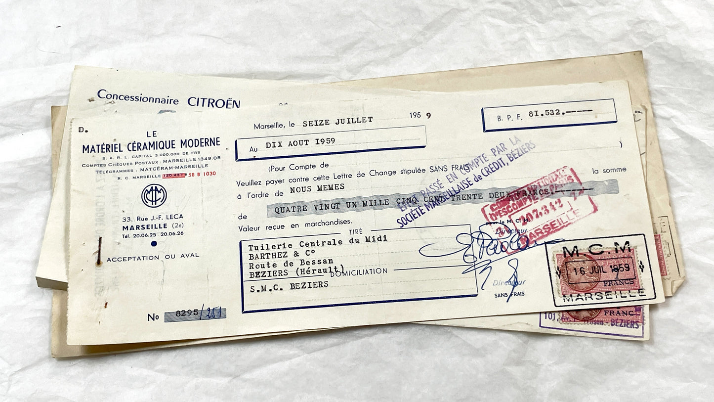 1950s - Lot of 6 Vintage French Bills of Exchange – Handwritten Commercial Documents with Stamps