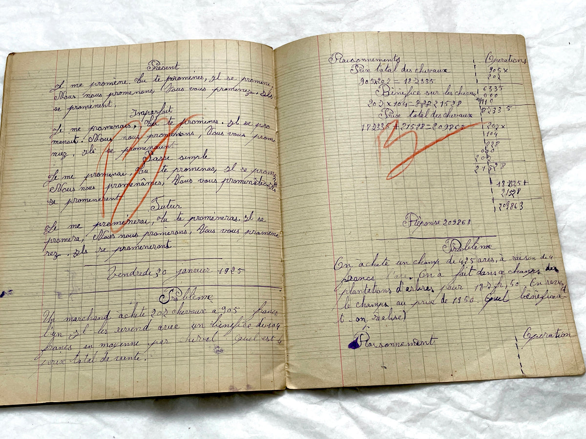 1920s - Authentic French School Girl's School Notebook - Vintage French Ephemera - Handwritten Homework - 1925 Dated Pages