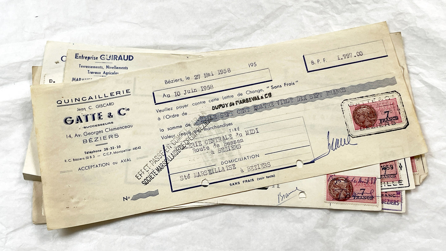 1950s - Lot of 6 Vintage French Bills of Exchange – Handwritten Commercial Documents with Stamps