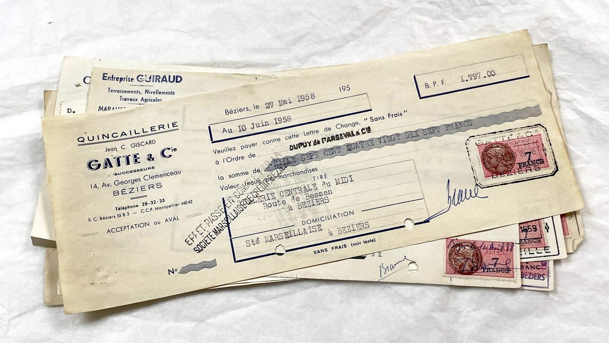 1950s - Lot of 6 Vintage French Bills of Exchange – Handwritten Commercial Documents with Stamps