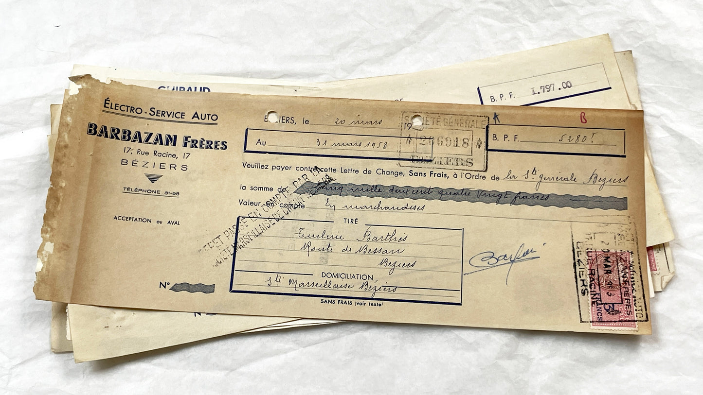 1950s - Lot of 6 Vintage French Bills of Exchange – Handwritten Commercial Documents with Stamps
