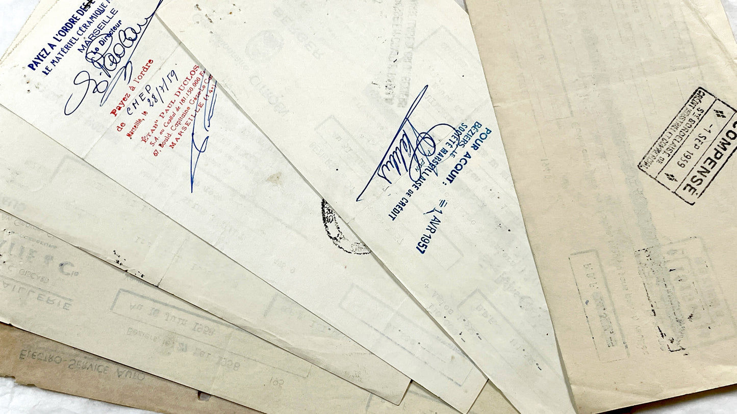 1950s - Lot of 6 Vintage French Bills of Exchange – Handwritten Commercial Documents with Stamps