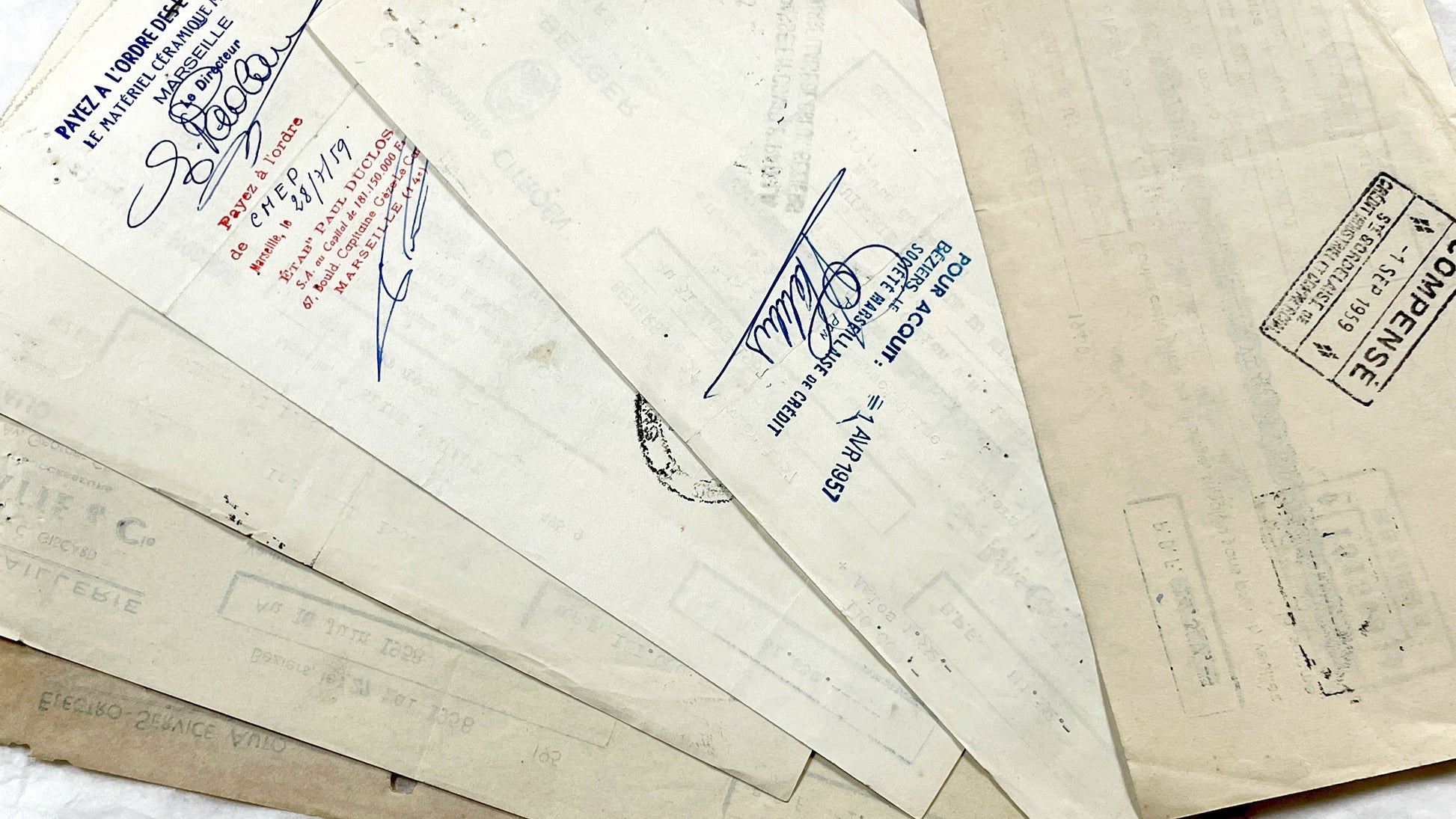 1950s - Lot of 6 Vintage French Bills of Exchange – Handwritten Commercial Documents with Stamps