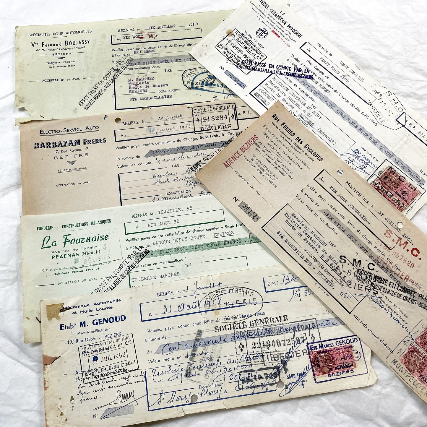 1950s - Lot of 6 Vintage French Bills of Exchange – Handwritten Commercial Documents with Stamps