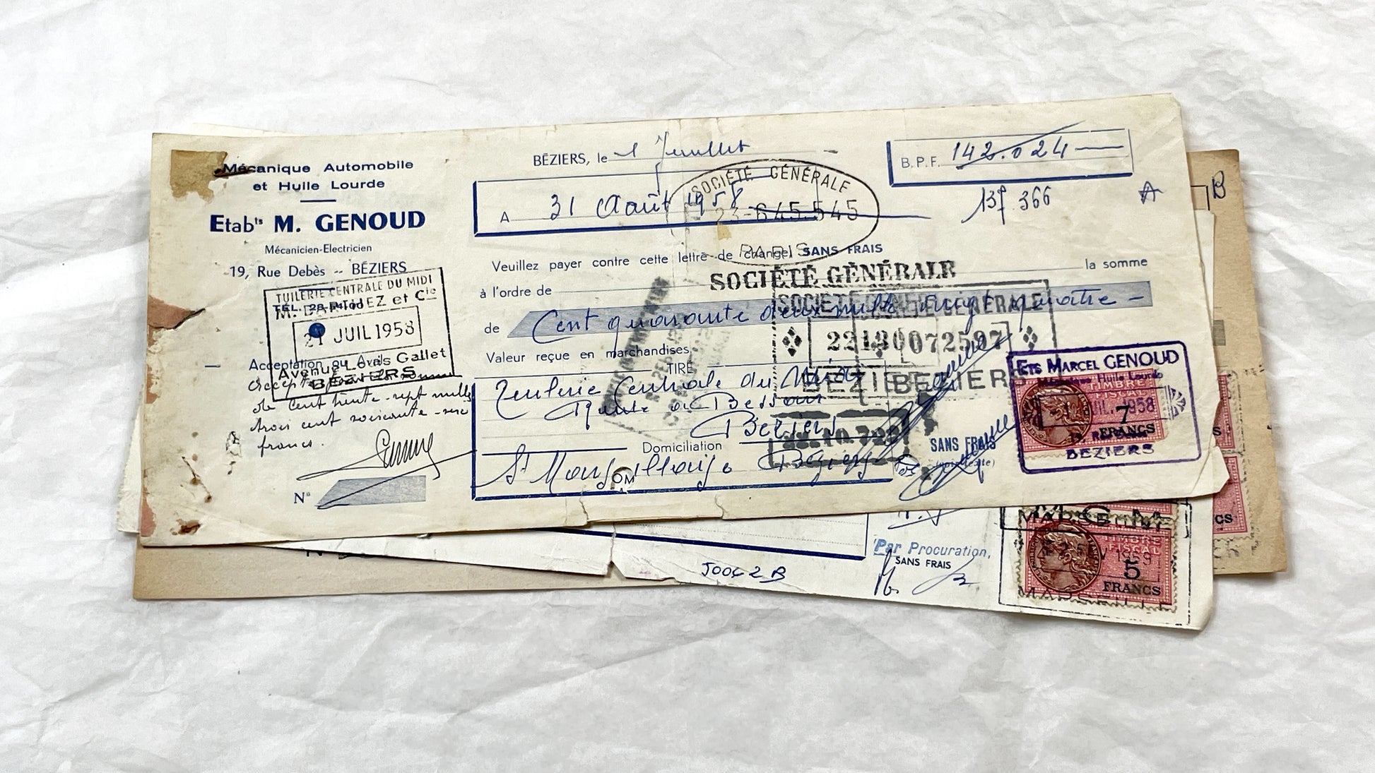1950s - Lot of 6 Vintage French Bills of Exchange – Handwritten Commercial Documents with Stamps