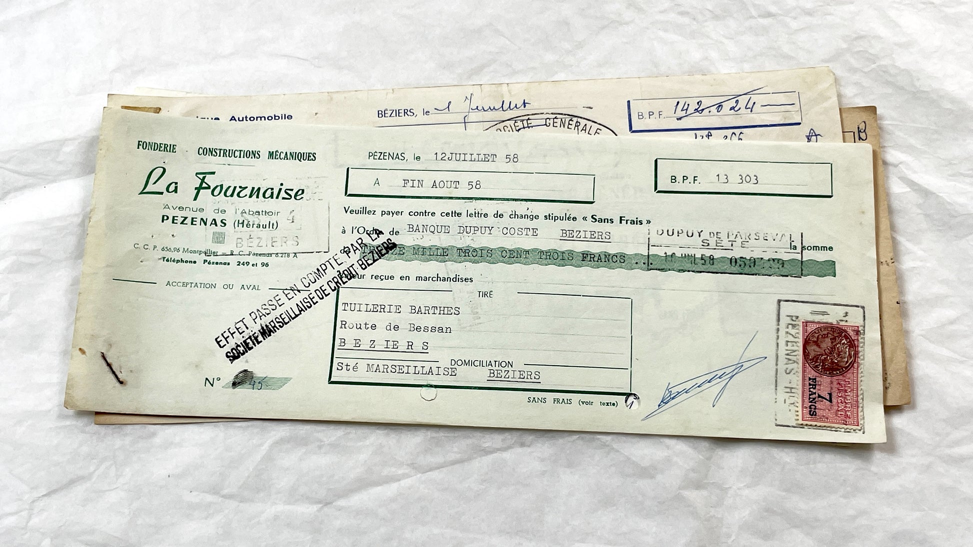 1950s - Lot of 6 Vintage French Bills of Exchange – Handwritten Commercial Documents with Stamps