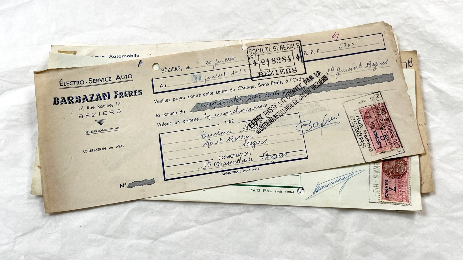 1950s - Lot of 6 Vintage French Bills of Exchange – Handwritten Commercial Documents with Stamps