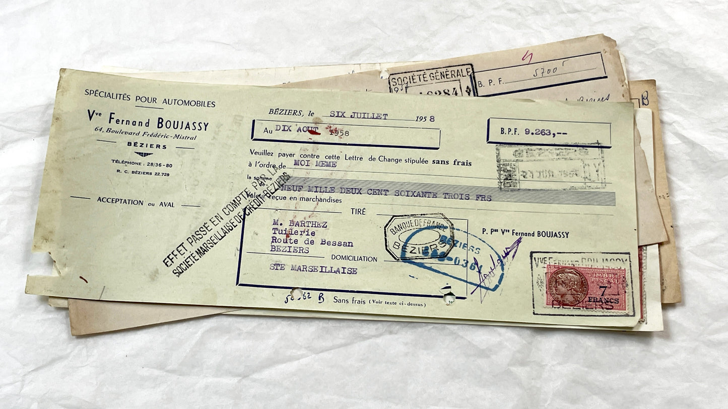1950s - Lot of 6 Vintage French Bills of Exchange – Handwritten Commercial Documents with Stamps