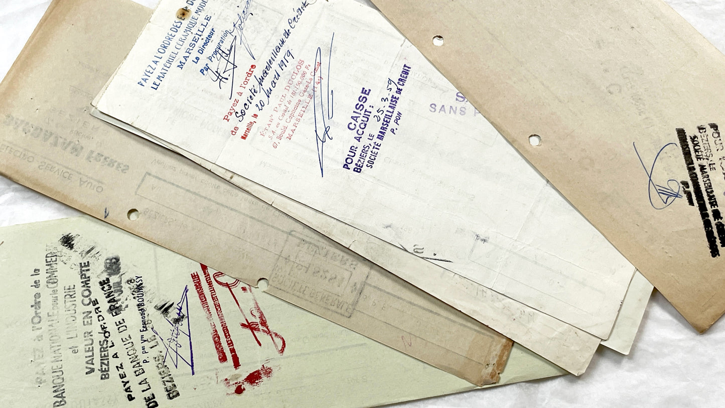 1950s - Lot of 6 Vintage French Bills of Exchange – Handwritten Commercial Documents with Stamps