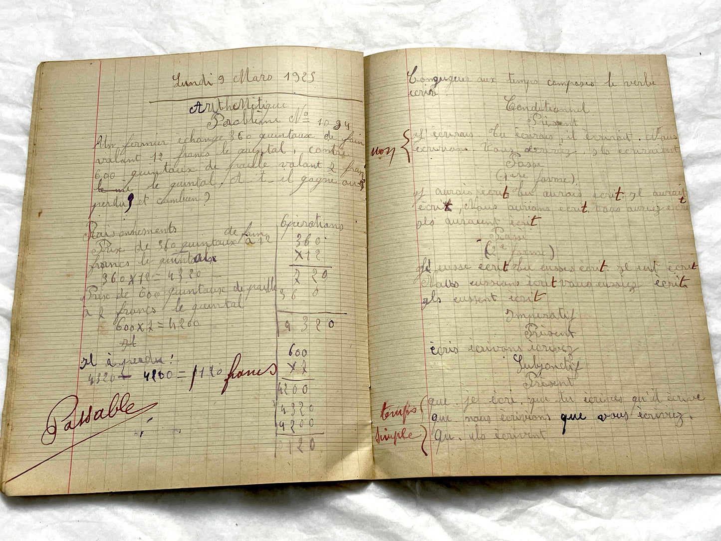 1920s - French School Notebook - Student Learning Document - Original French Education History - Handwritten Ephemera