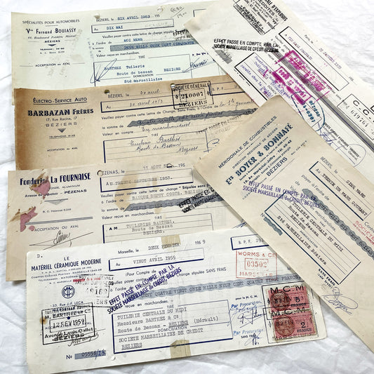 1950s - Lot of 6 Vintage French Bills of Exchange – Handwritten Commercial Documents with Stamps