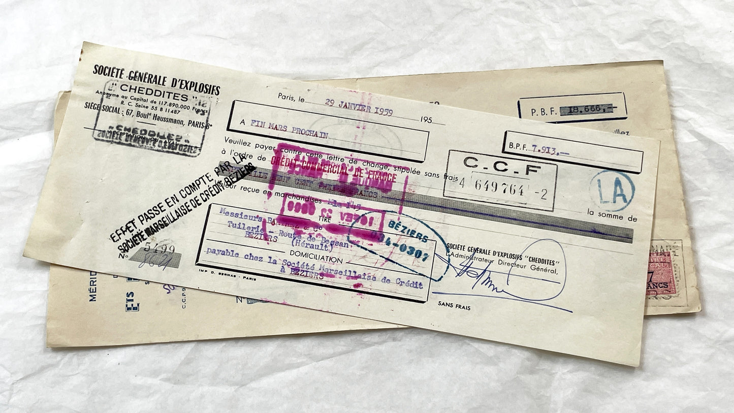 1950s - Lot of 6 Vintage French Bills of Exchange – Handwritten Commercial Documents with Stamps