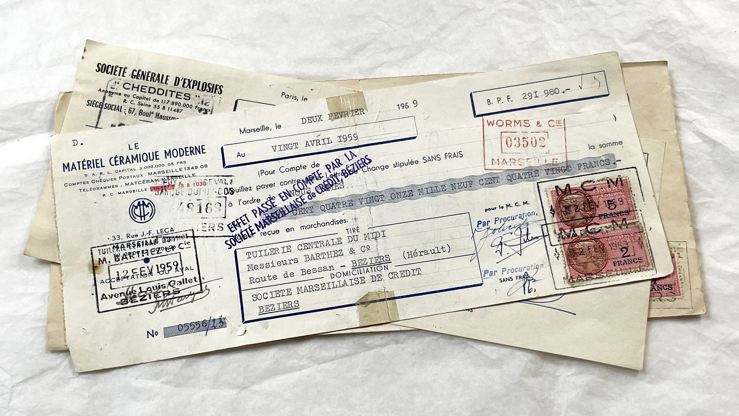 1950s - Lot of 6 Vintage French Bills of Exchange – Handwritten Commercial Documents with Stamps