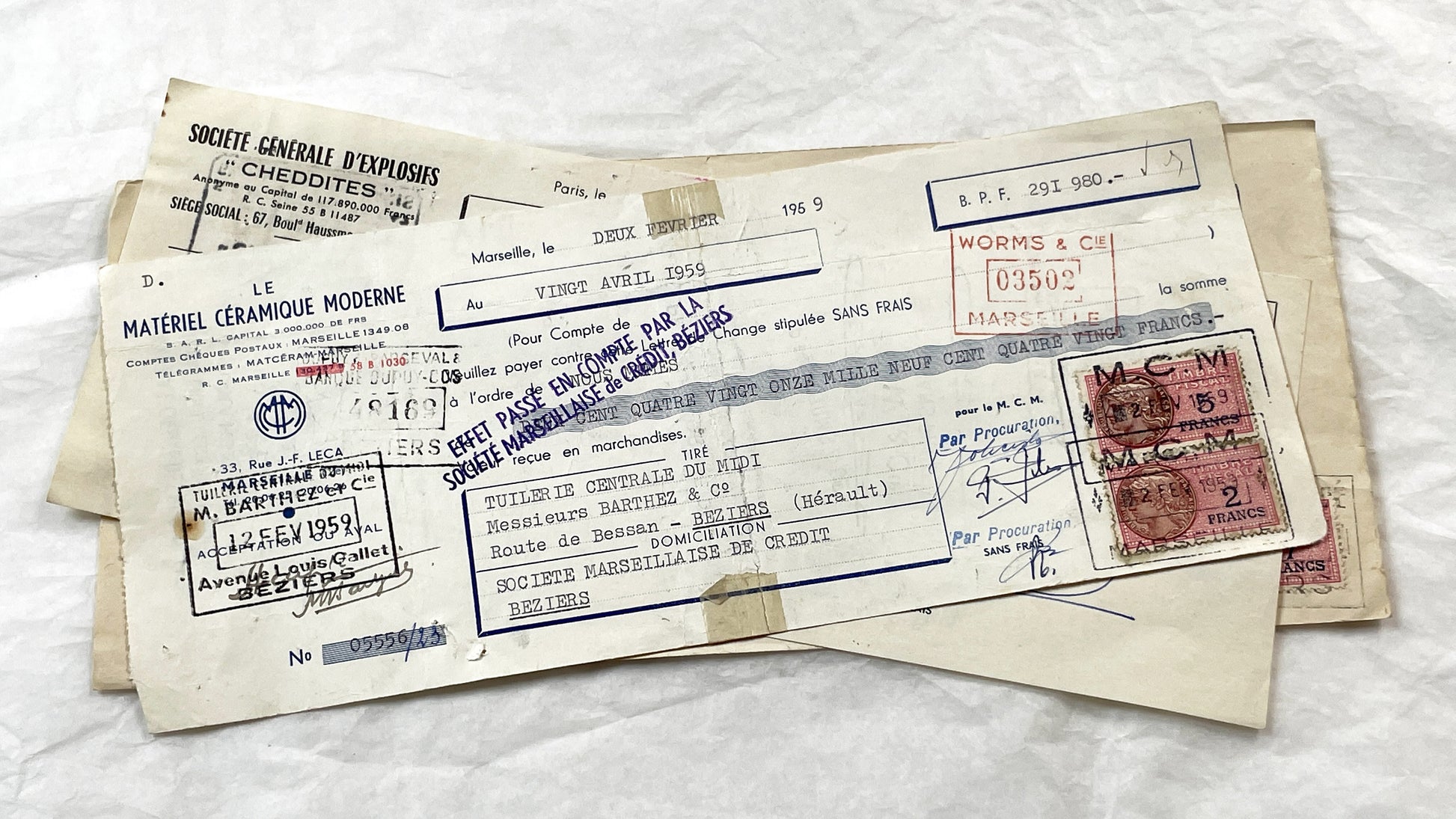 1950s - Lot of 6 Vintage French Bills of Exchange – Handwritten Commercial Documents with Stamps