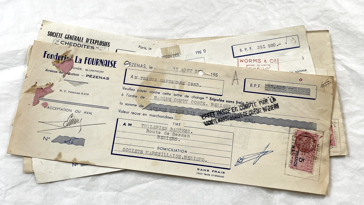 1950s - Lot of 6 Vintage French Bills of Exchange – Handwritten Commercial Documents with Stamps