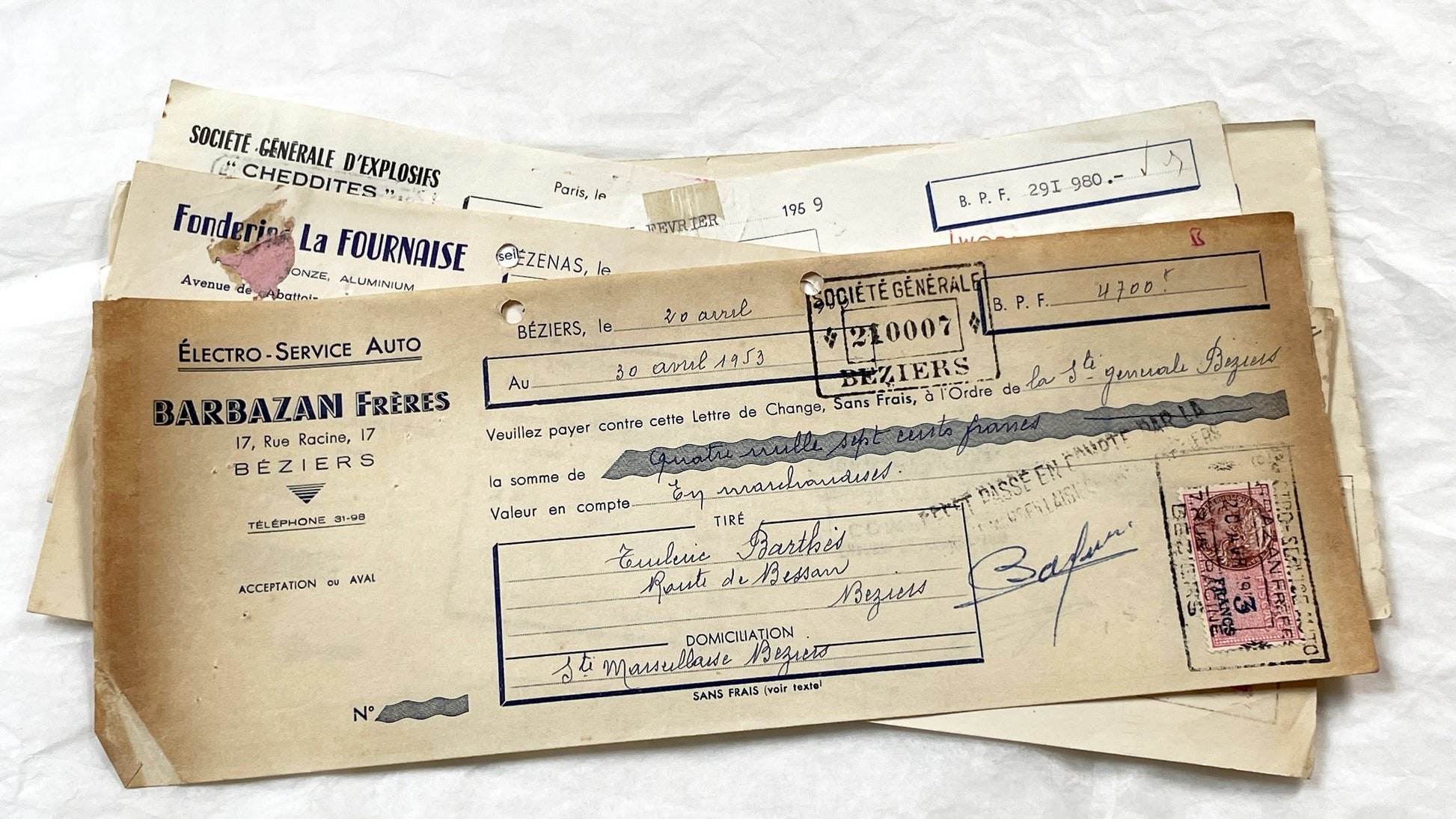 1950s - Lot of 6 Vintage French Bills of Exchange – Handwritten Commercial Documents with Stamps