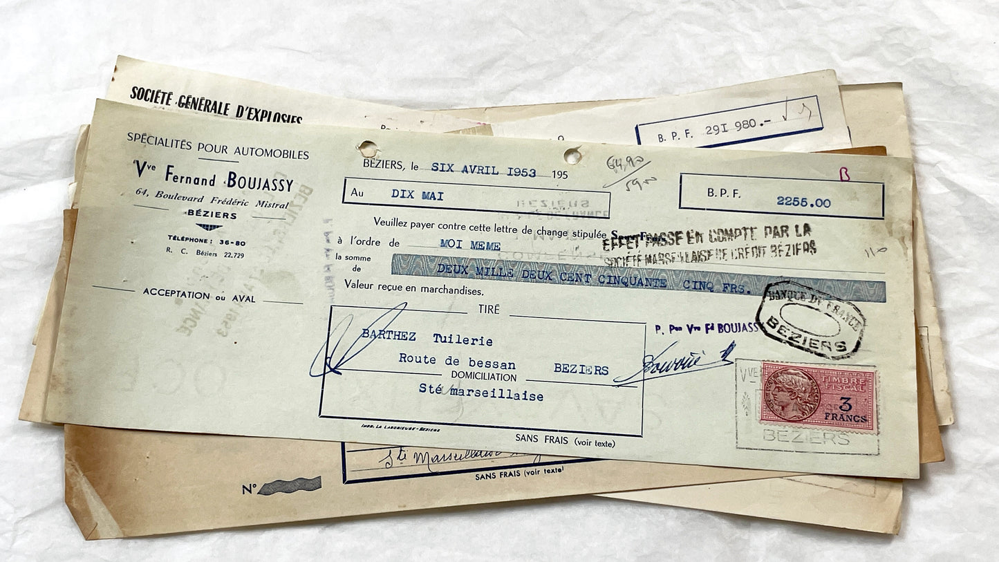 1950s - Lot of 6 Vintage French Bills of Exchange – Handwritten Commercial Documents with Stamps