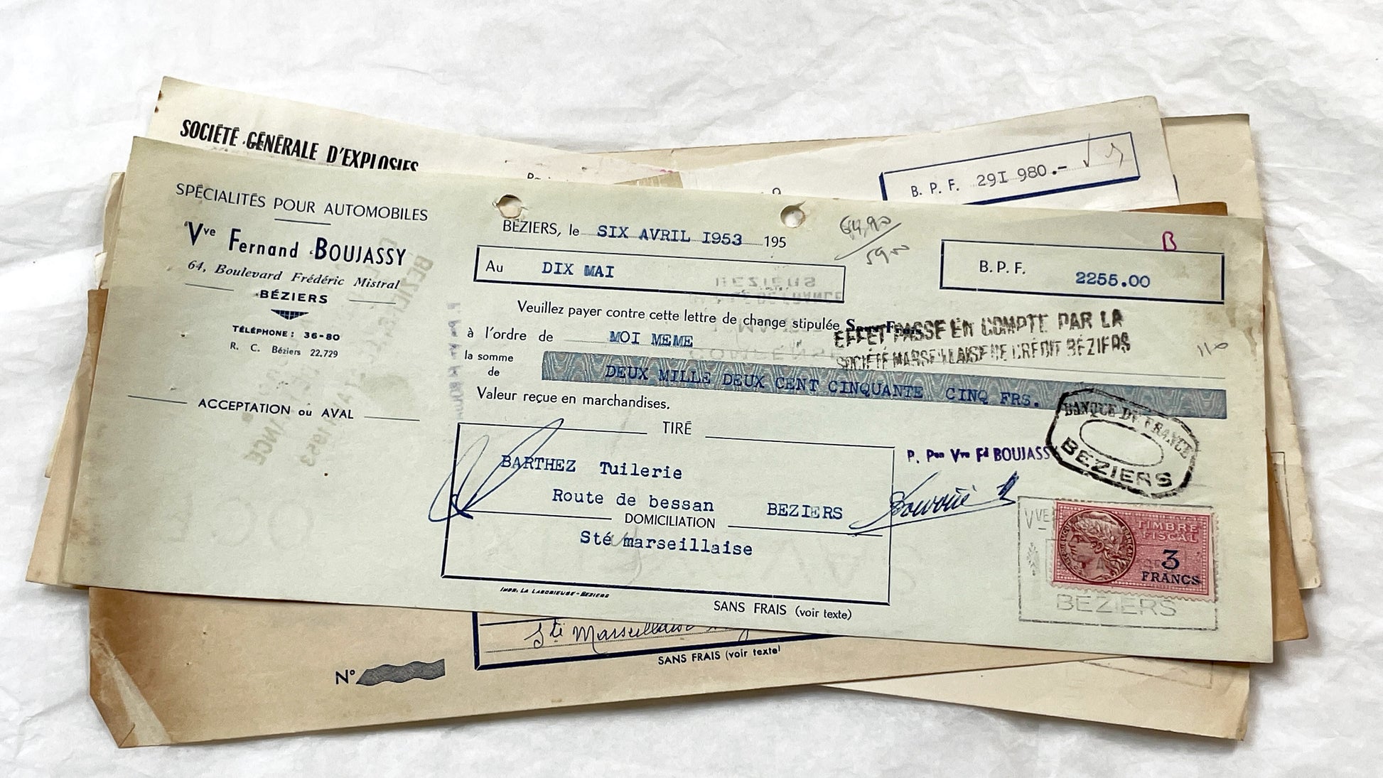 1950s - Lot of 6 Vintage French Bills of Exchange – Handwritten Commercial Documents with Stamps