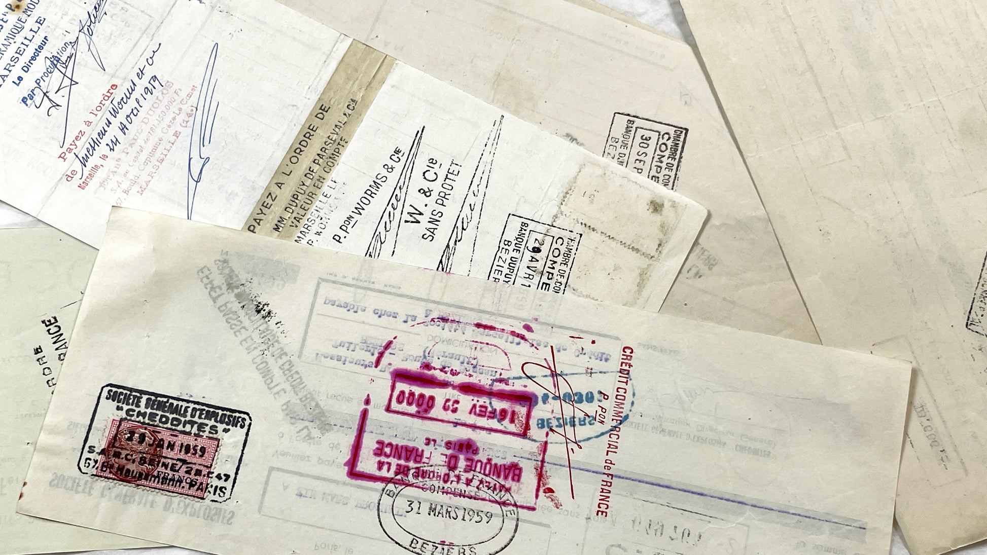 1950s - Lot of 6 Vintage French Bills of Exchange – Handwritten Commercial Documents with Stamps