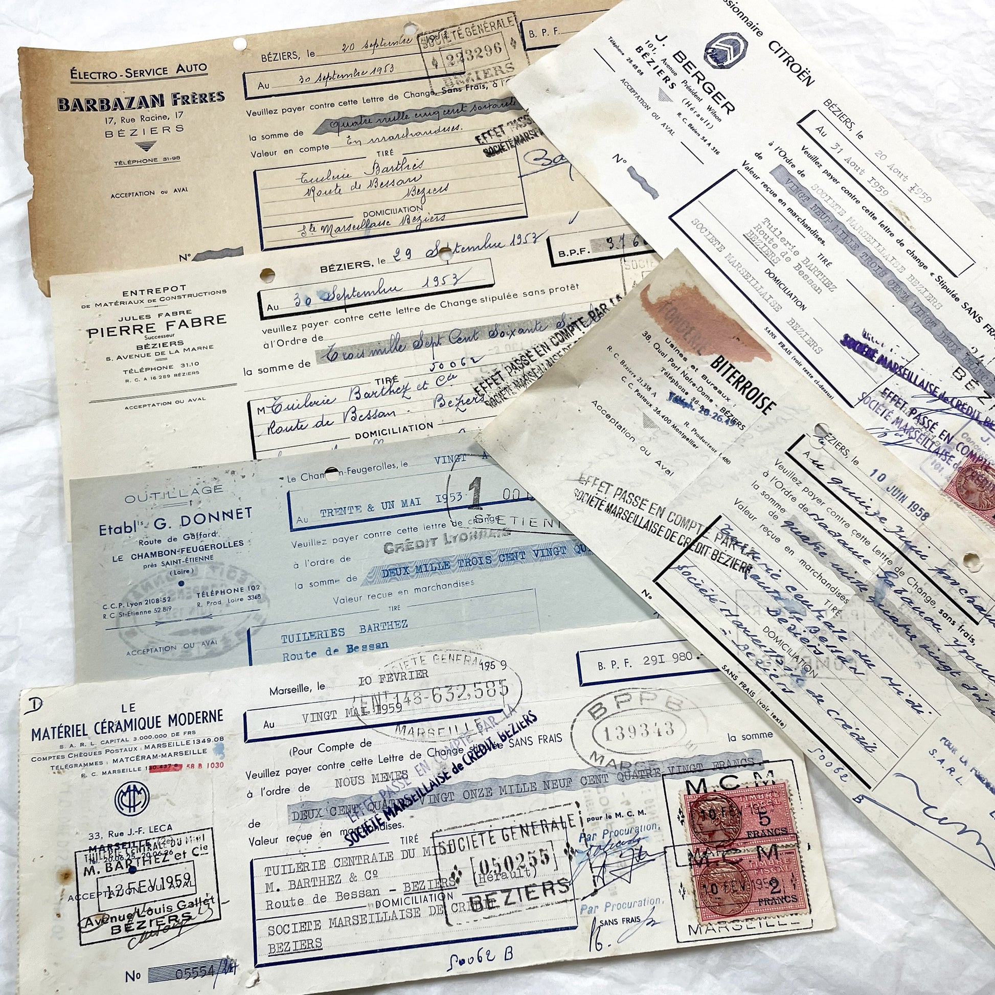 1950s - Lot of 6 Vintage French Bills of Exchange – Handwritten Commercial Documents with Stamps