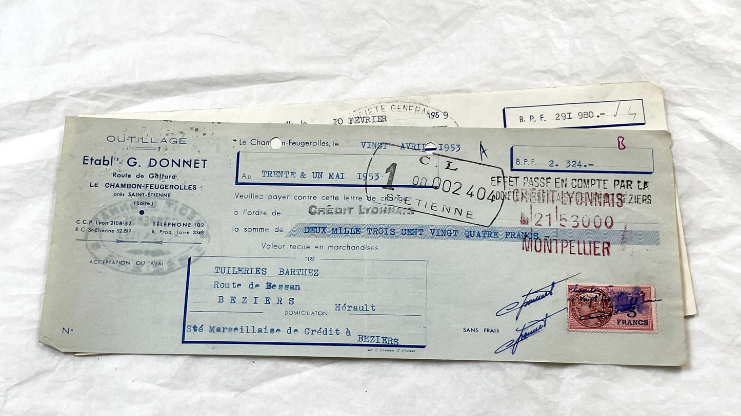 1950s - Lot of 6 Vintage French Bills of Exchange – Handwritten Commercial Documents with Stamps