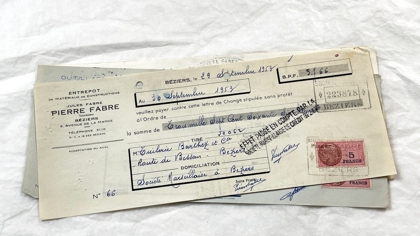 1950s - Lot of 6 Vintage French Bills of Exchange – Handwritten Commercial Documents with Stamps