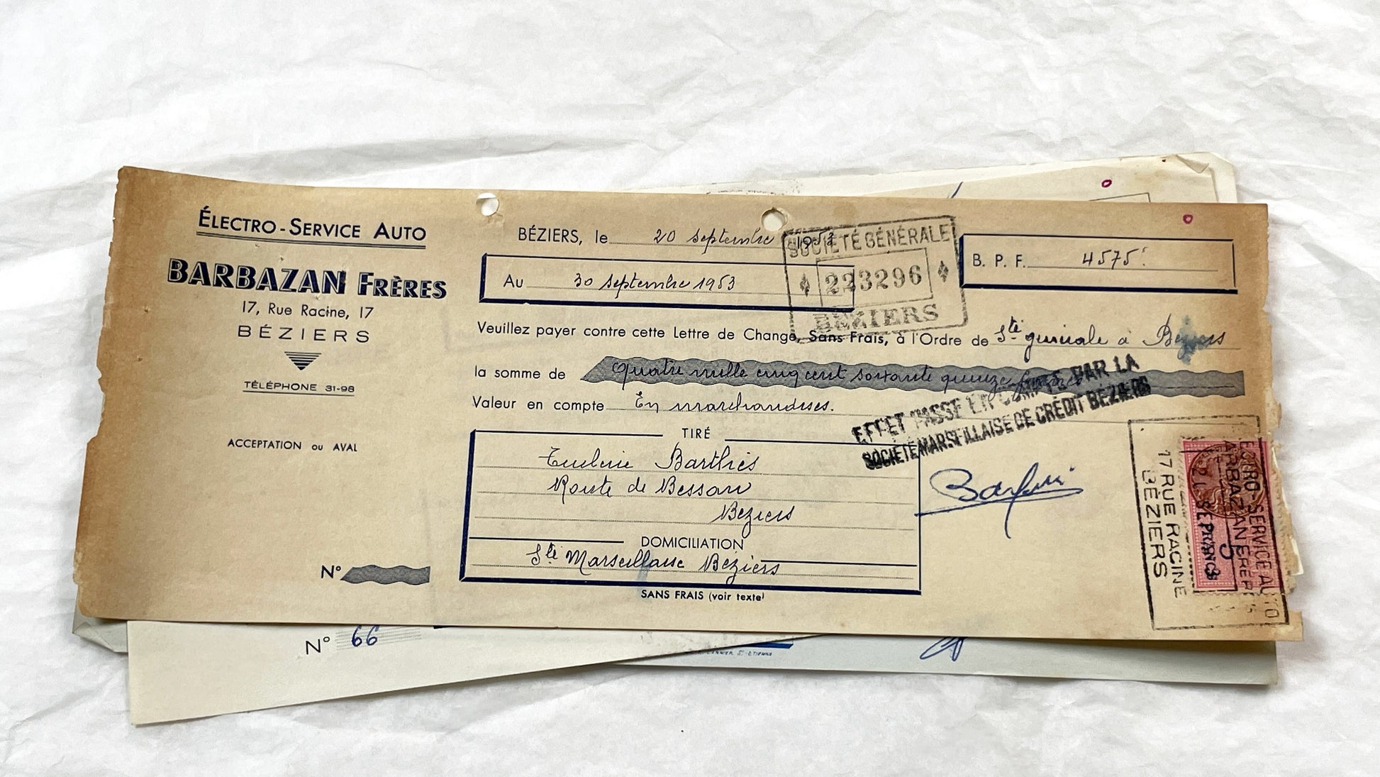 1950s - Lot of 6 Vintage French Bills of Exchange – Handwritten Commercial Documents with Stamps