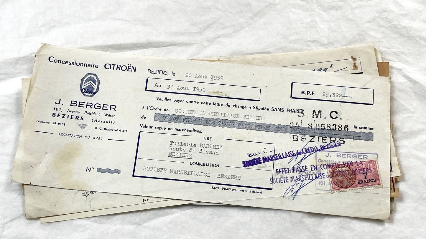 1950s - Lot of 6 Vintage French Bills of Exchange – Handwritten Commercial Documents with Stamps