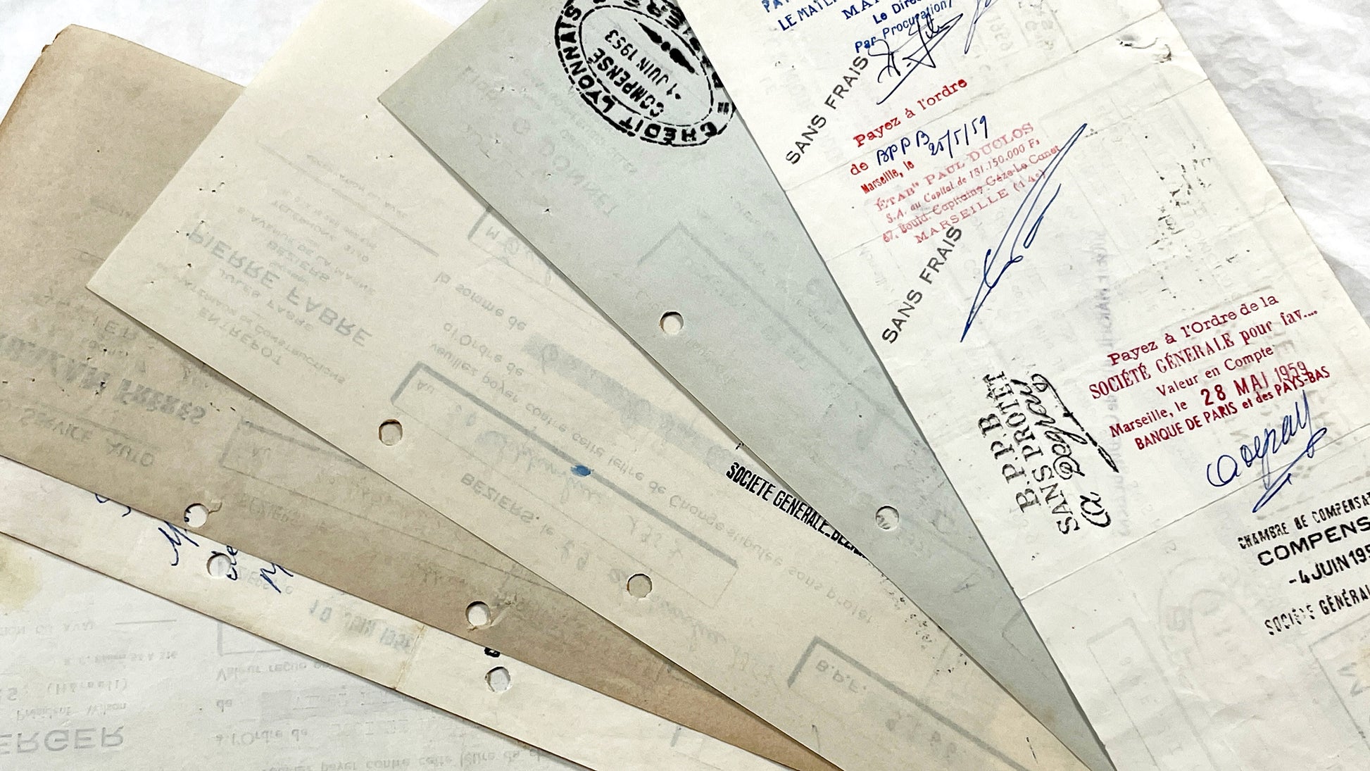 1950s - Lot of 6 Vintage French Bills of Exchange – Handwritten Commercial Documents with Stamps