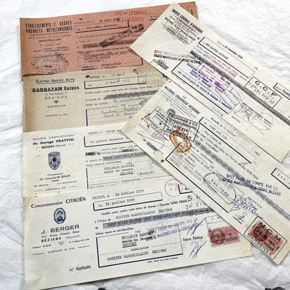 1950s - Lot of 6 Vintage French Bills of Exchange – Handwritten Commercial Documents with Stamps
