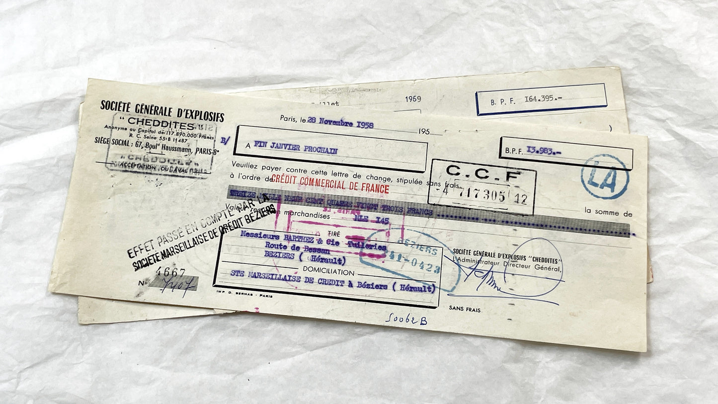 1950s - Lot of 6 Vintage French Bills of Exchange – Handwritten Commercial Documents with Stamps