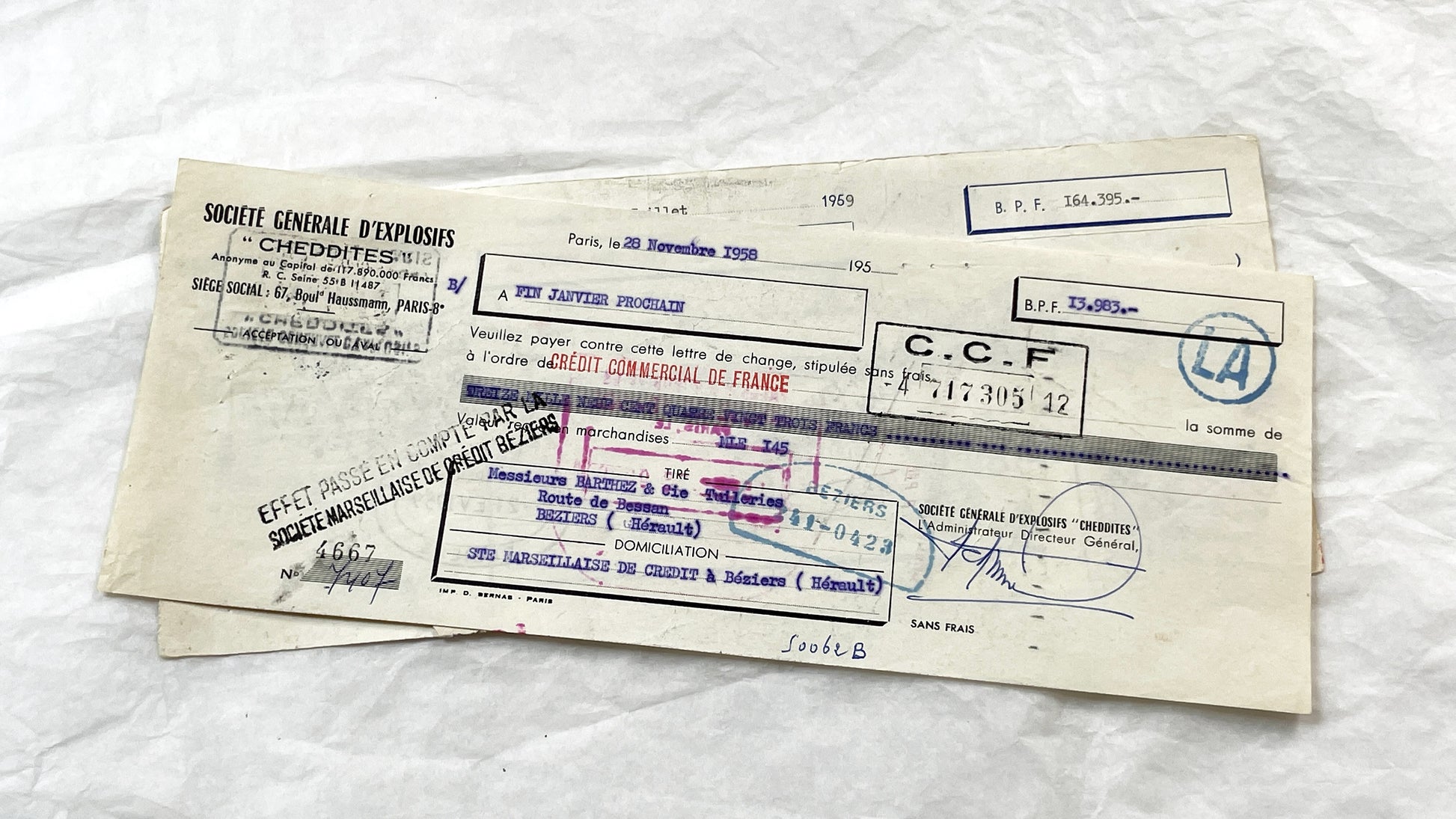 1950s - Lot of 6 Vintage French Bills of Exchange – Handwritten Commercial Documents with Stamps