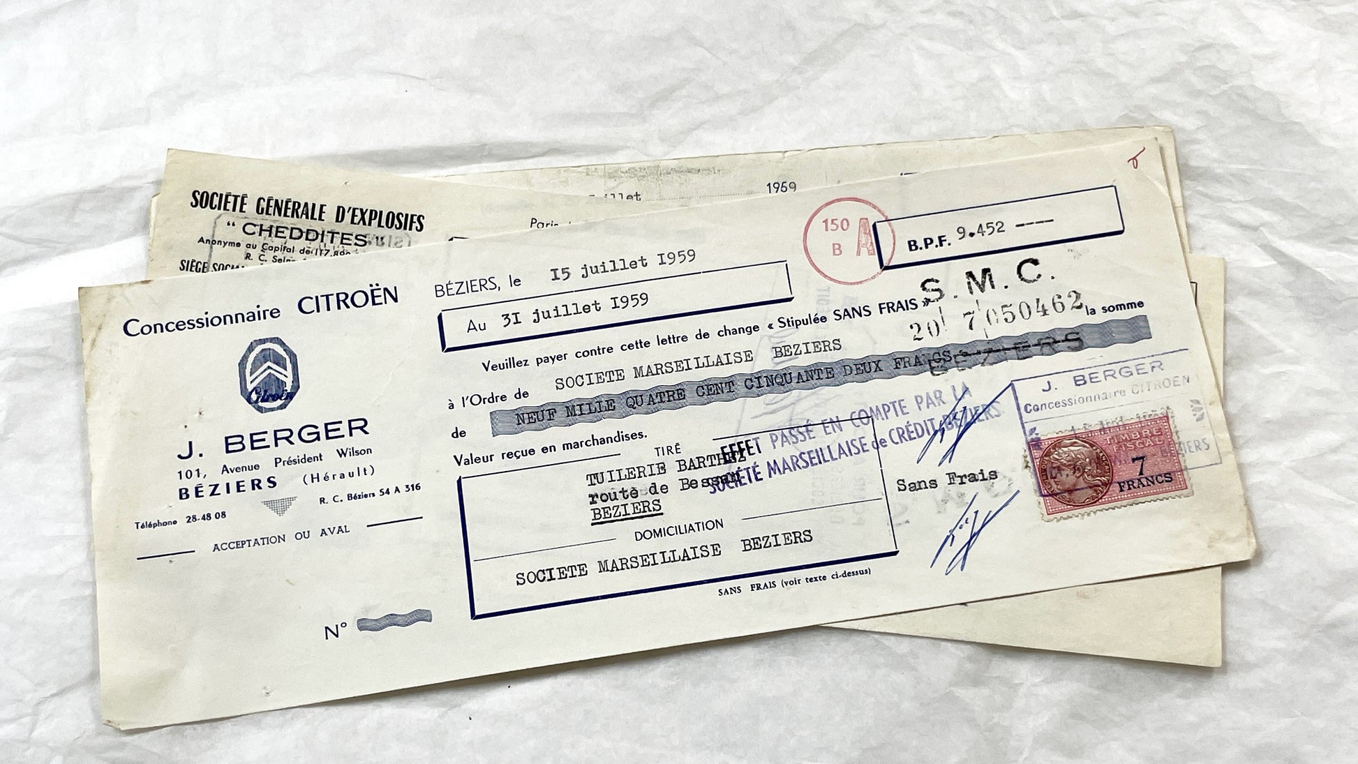 1950s - Lot of 6 Vintage French Bills of Exchange – Handwritten Commercial Documents with Stamps